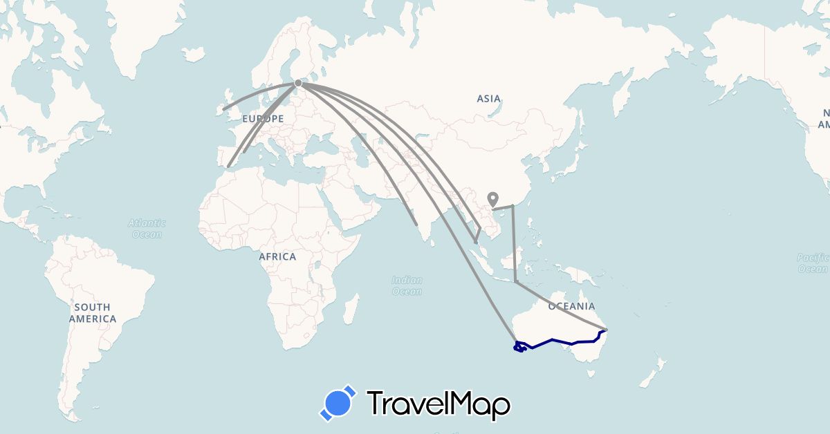 TravelMap itinerary: driving, bus, plane, boat in Australia, China, Estonia, Spain, Hong Kong, Indonesia, Ireland, India, Thailand, Vietnam (Asia, Europe, Oceania)